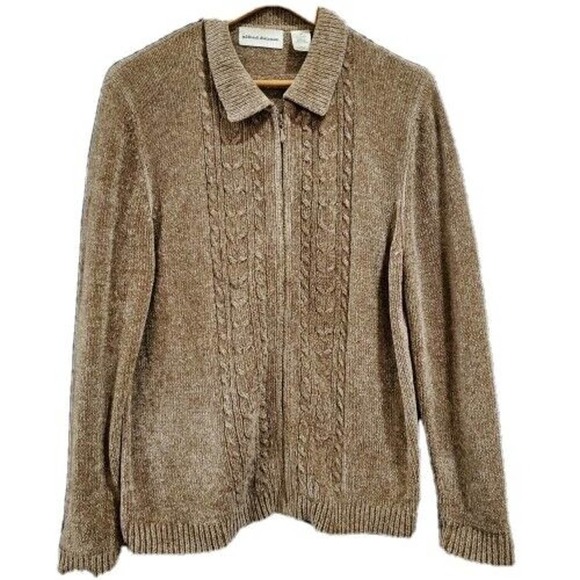 Vintage Y2K Alfred Dunner Beige Cable Knit Stretch Zipper Cardigan Size Medium - Picture 1 of 7